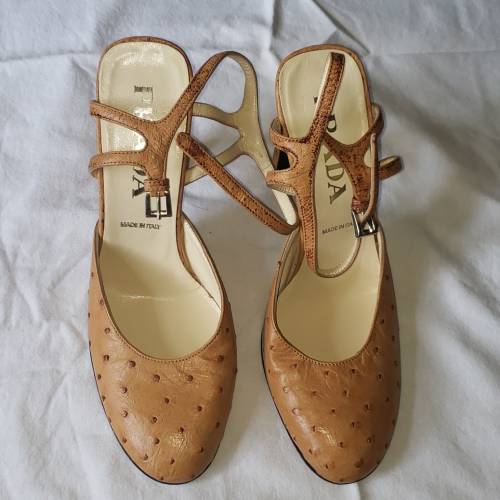 Prada ostrich tan ankle strap heels